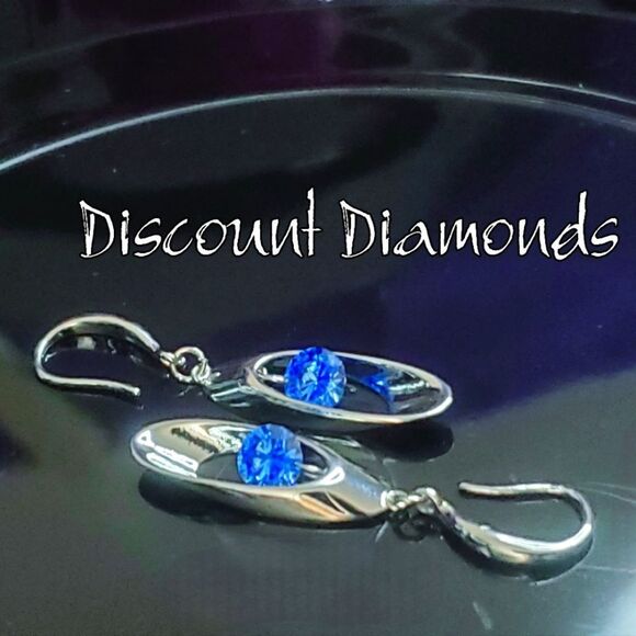 Round Blue Crystal Long Dangle Fishhook Earrings on 925 Silver - Picture 3 of 9